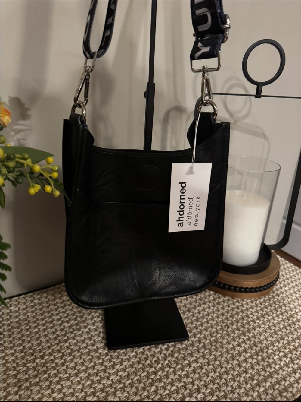 Black Leatherette Crossbody with Branded Strap